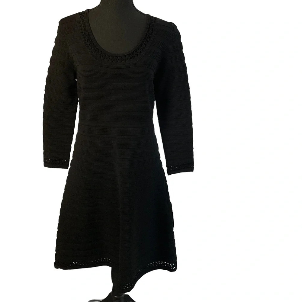 Karl Lagerfeld Womens Black Ribbed Long Sleeve A Line Dress Size M NWT